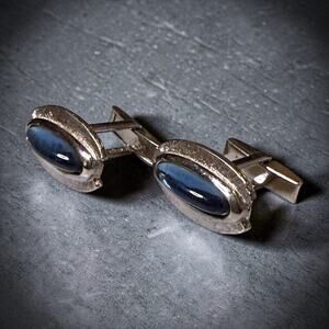 Vintage Cufflinks Mens Oval Silver Tone Blue Glass Jewel Formal Workwear